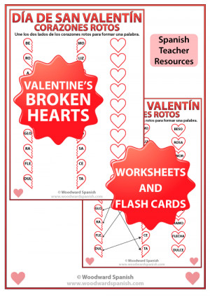 Valentine’s Day Broken Hearts Worksheet and Flash Cards in Spanish