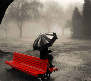 Wallpaper,black and wight,retro,red bench,rain,umbrella