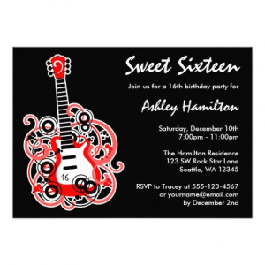 Guitar Rock Star Sweet 16 Birthday Party Red Personalized Invites