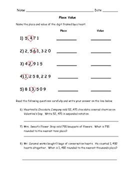 5th Grade Valentine's Day Place Value WS with Answer Key