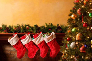 Christmas stockings near a decorated Christmas tree. Christmas ...