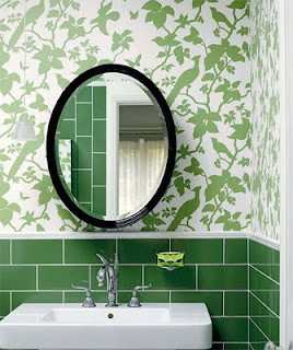 Florence Broadhurst wall paper and emerald green subway tiles in the ...