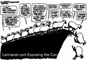 Cartoon, showing sheep walking off a cliff... various captions ...