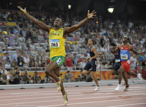 Jamaica's Usain Bolt celebrates as he wins the men's 200-meter final ...