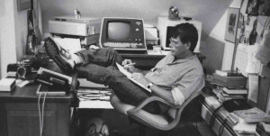 Stephen King working at home with his dog