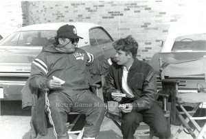 Rudy Ruettiger and Sean Astin enjoy lunch during a break from filming.