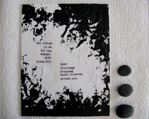 black and white painting on canvas with rumi quote. blossoms.
