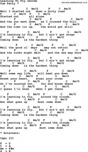 Song Lyrics With Guitar Chords For Learning To Fly Tom Petty picture