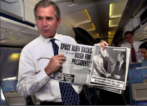 Above: George W. Bush shows off his first endorsement, making fun of ...