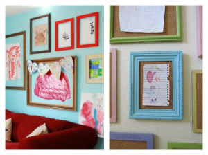 21 Ways to Display Kids Artwork - Display wall with repurposed frames