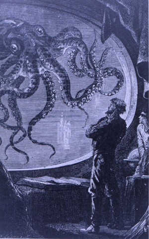 Captain Nemo observing a giant octopus from the viewing port of the ...