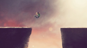 Artwork of a boy making a big leap to cross the gap between two cliffs