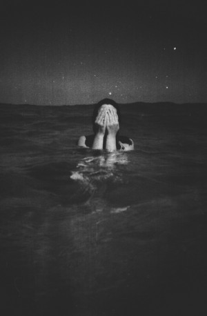 black and white, drown, girl, sea, water