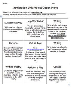 Immigration Tic-tac-toe Menu- Teaching Madness- 5th grade
