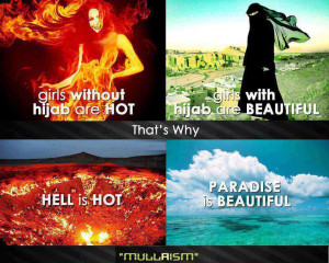 Girls with and without Hijab and Heaven and hell in hereafter.