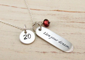 Live Your Dream Quote Necklace, Number disk with stamped initials on ...
