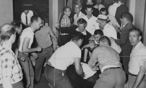 Image of mobs attacking Freedom Riders in Birmingham, AL