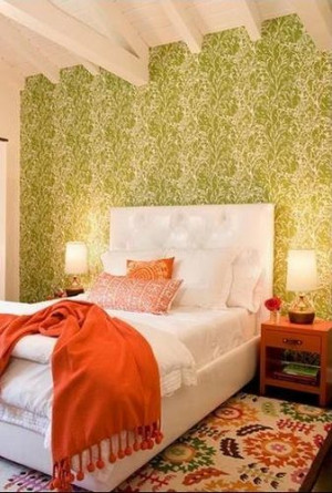 ... + orange bedroom: Modern wallpaper + colorful rug, by Nickey Kehoe