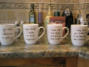 adore these mugs! They have quotes from Pride & Prejudice on them ...