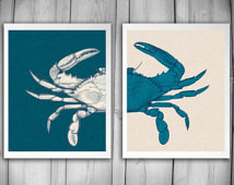 ... Art - Ocean Sea Art Print - Nautical Art Blue Crab - Linen Textured