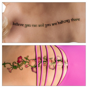 Collage of a vine design and a quote tattoo on spine