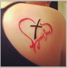 Black Cross And Red Heart Christian Tattoo On Right Back Shoulder