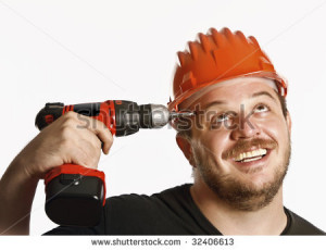 fine portrait of funny handyman isolated on white - stock photo