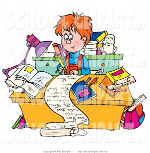 Clip Art Intelligent School Boy Writing Long Story Desk