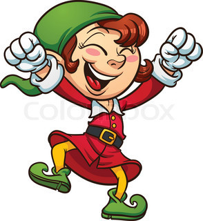 Cartoon Girl Christmas Elf Character in Green Holding Candy Cane