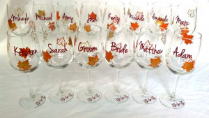 Fall wedding party wine glass, gold brown and burnt orange leaves ...