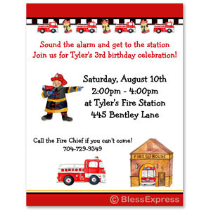 Fireman Fire truck Theme Birthday Party Invitation