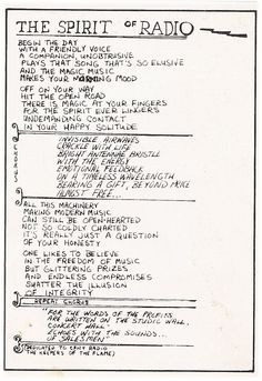 Neil Peart's handwritten lyrics for 
