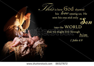 Baby Jesus reaching out of the manger for his mother, the virgin Mary ...