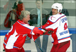 Alex Ovechkin gets in a playful tussle with someone on Team Kovalchuk.