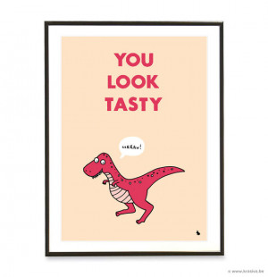 Red dinosaur t-rex pink love quote poster print art - You look tasty ...