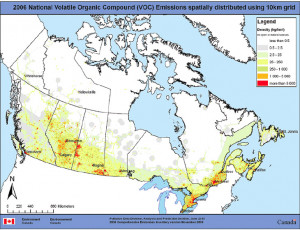 Figure 17 Density map of VOC emissions kg km 2 in Canada for 2006