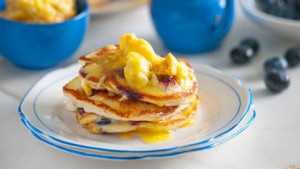 Blueberry pancakes with orange and honeycomb butter: Stacks on! Light ...