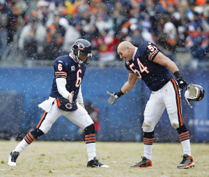 Jay Cutler and Brian Urlacher celebrate a first quarter TD against the ...