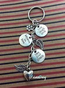 ... Words Quotes Keyring LIVE YOUR DREAM Live Laugh Love Heart Charm Gift