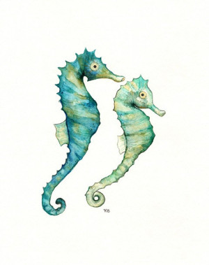 watercolor etsy colorful simple seahorse underwater painting