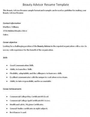 Beauty Advisor Resume Template Sample Format Example