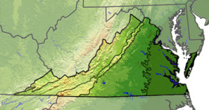 Terrain map of Virginia divided with lines into five regions. The ...