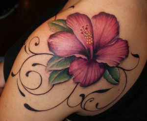 burgundy hibiscus flower shoulder polynesian hawaiian tattoo