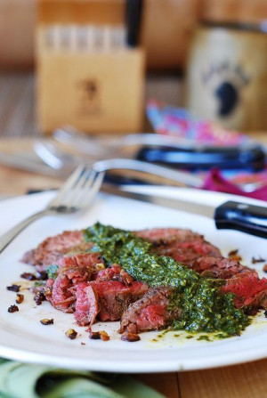 Flank steak and Chimichurri sauce (garlic, herbs, some spices - very ...