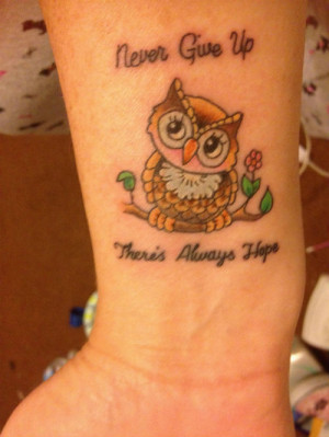 Color Ink Owl and Quote Tattoo On Forearm