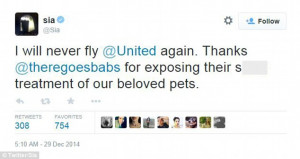 Australian pop singer Sia is vowing never to fly with United Airlines ...