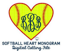 Softball Monogram, Heart SVG, DXF, EPS, Digital Cut File for Cricut ...