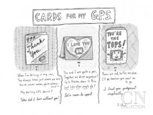 Three panels with cards and phrases below dedicated to a GPS system ...