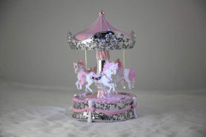 Pink Carousel Music Box Polyresin Silver Plating Miniature Carousel 9 ...
