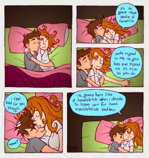 Bad boy” relationship comic featuring a couple snuggling in bed.